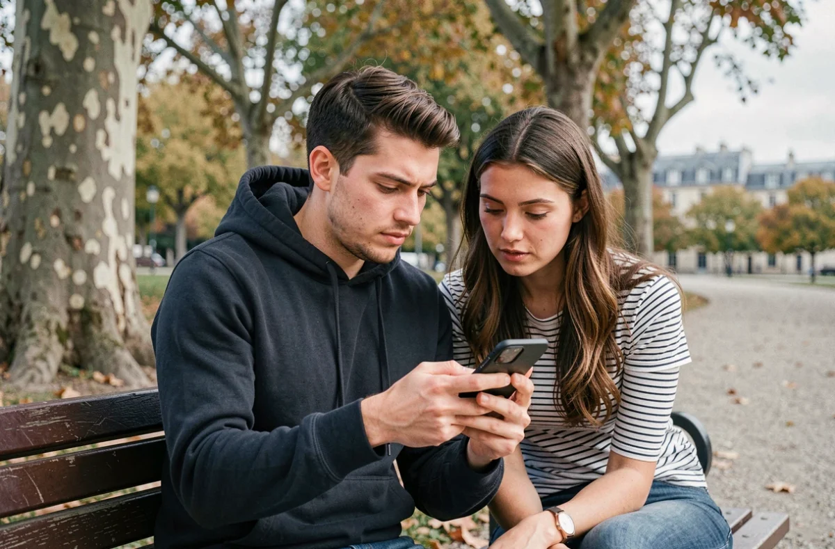 Jeune couple consultant une plateforme de location de logement sur smartphone assis dans un parc urbain