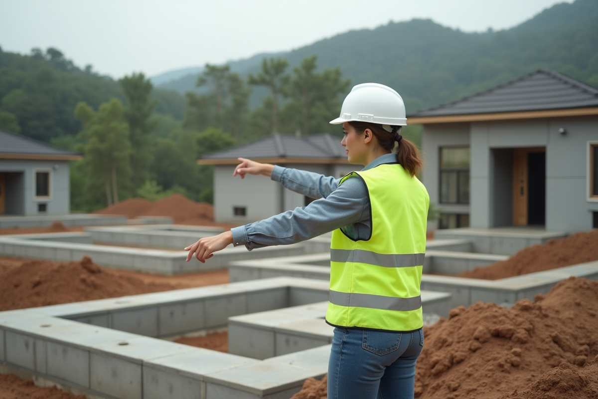 Jeune femme sur un chantier pointant vers les fondations
