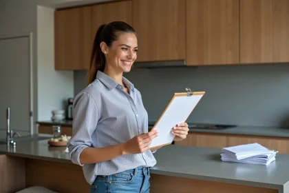 Jeune femme souriante vérifiant son contrat de location dans un appartement moderne