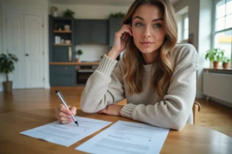 Jeune femme examine un contrat de location dans une cuisine lumineuse