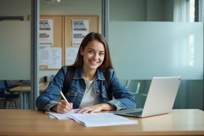 Jeune femme en bureau municipal remplit un formulaire logement