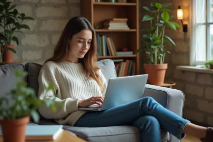 Jeune femme sur canapé dans un appartement étudiant