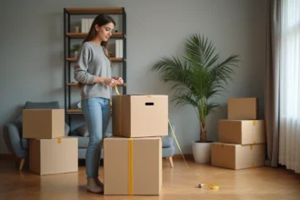 Jeune femme mesurant une grande boîte dans un salon organisé