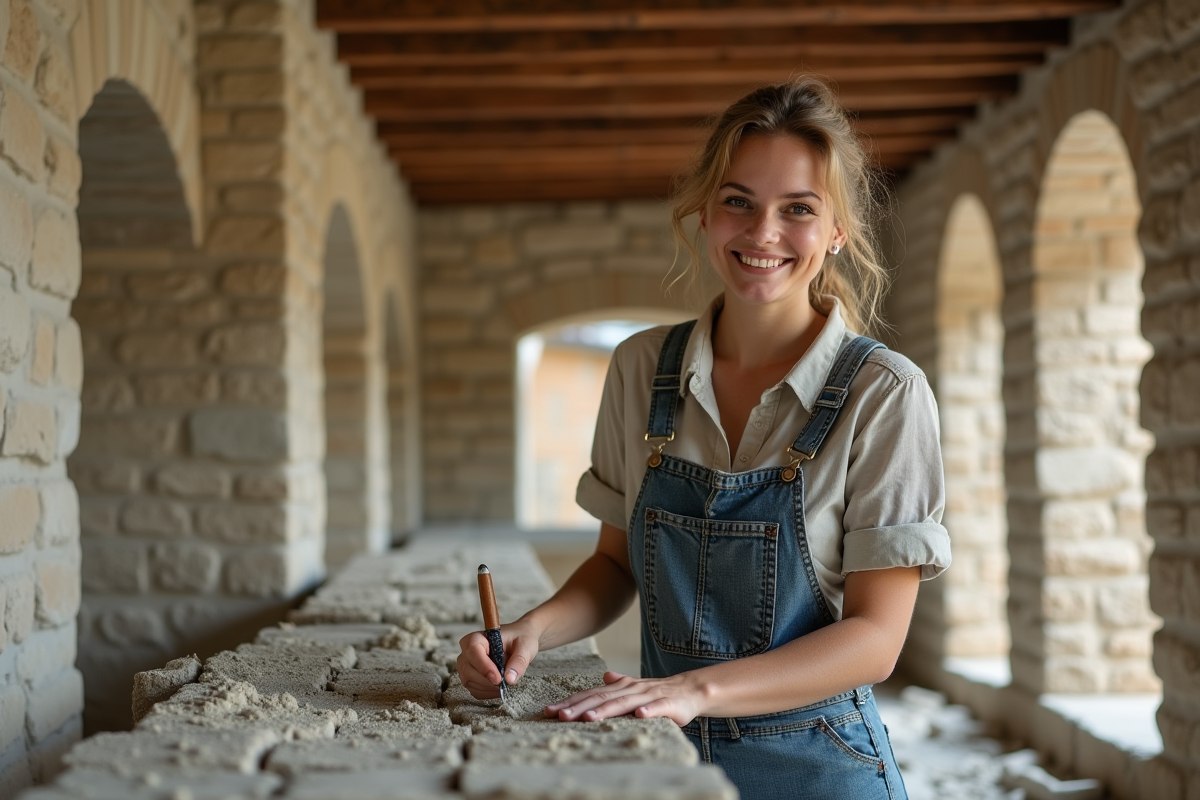 Femme appliquant du mortier entre des pierres dans une ferme ancienne