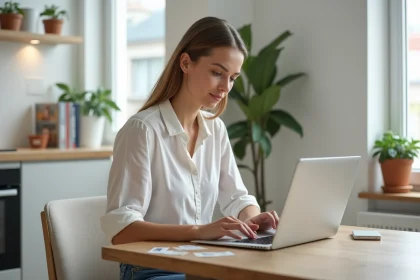 Jeune femme étudie annonces immobilières sur son ordinateur