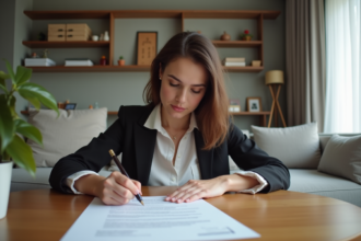 Jeune femme signant un contrat de location dans un appartement moderne