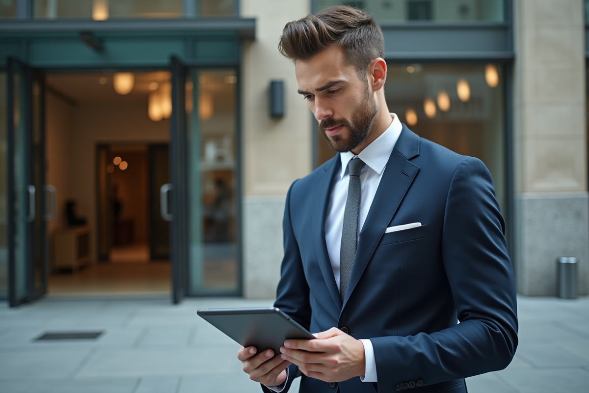 Jeune professionnel regardant des taux de prêt immobilier