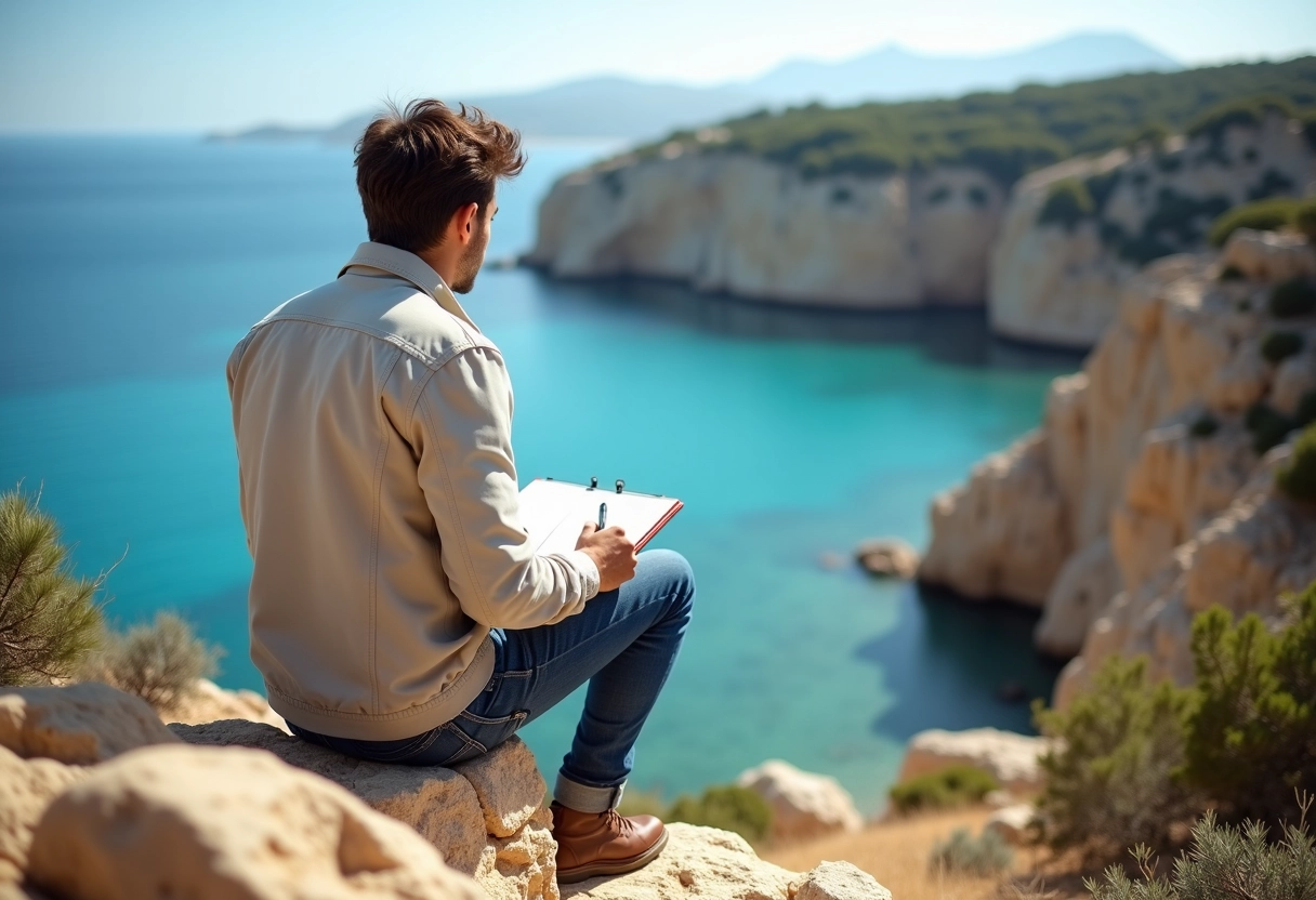 Jeune homme assis sur rochers regardant la mer turquoise