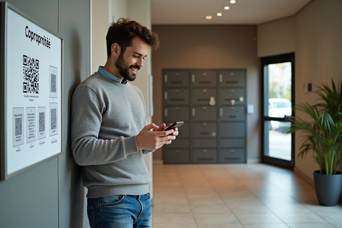 Jeune homme scannant un QR dans un hall d