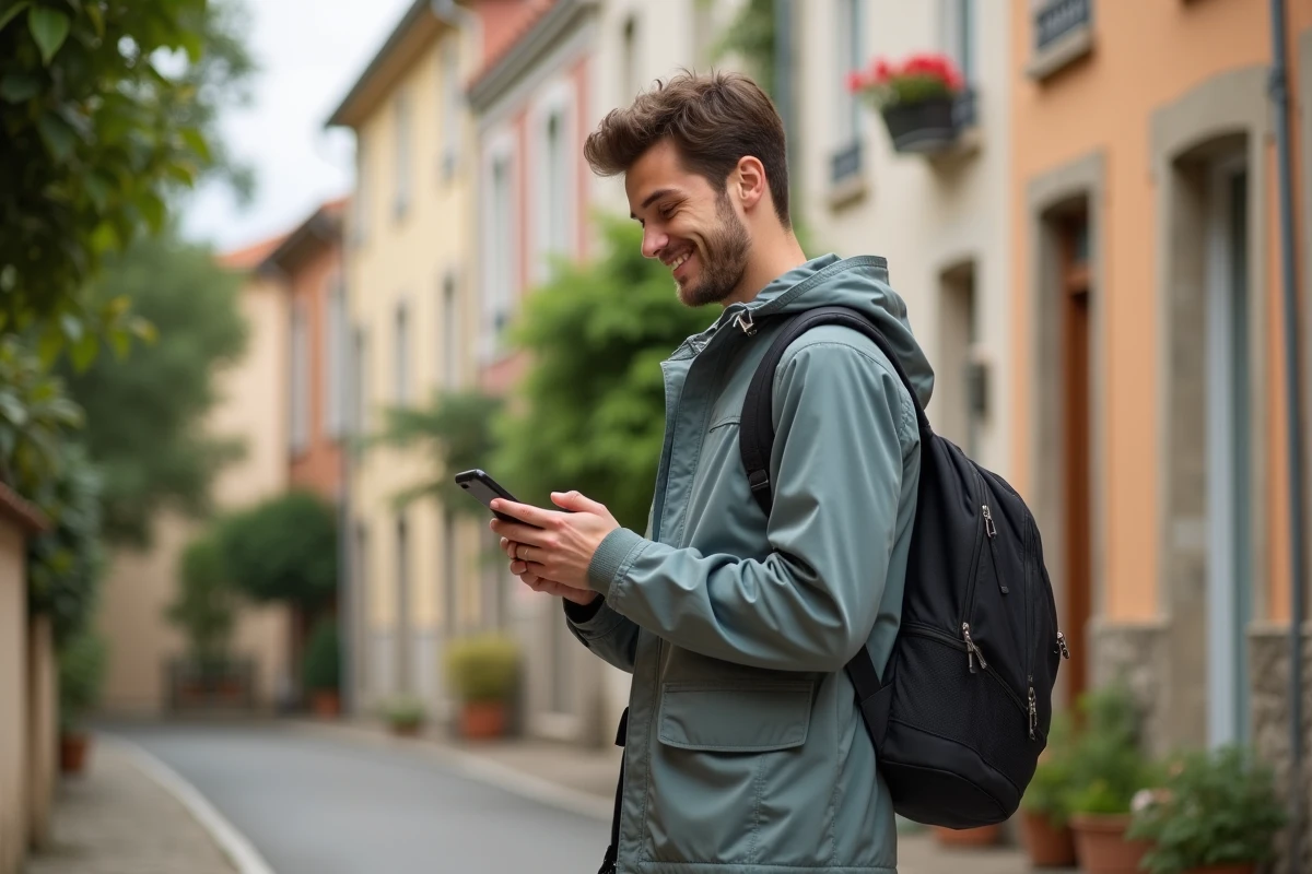 Jeune homme dans une rue en France vérifiant son téléphone