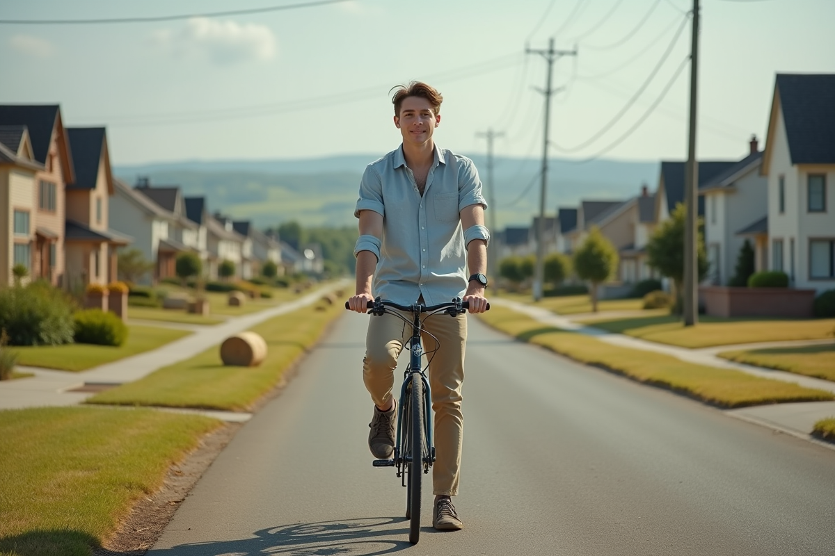Jeune homme avec vélo à la frontière ville et champs