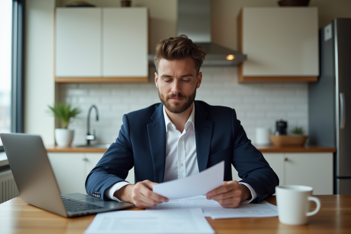 Jeune homme en costume lisant des documents dans un appartement moderne