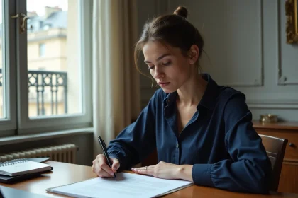 Jeune femme rédigeant une lettre de motivation pour un appartement à Paris dans un appartement haussmannien