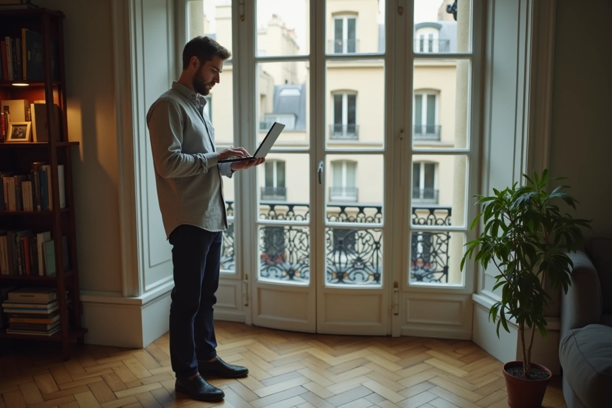 Homme consultant sa lettre de motivation pour appartement sur ordinateur portable dans un appartement parisien avec vue sur rue