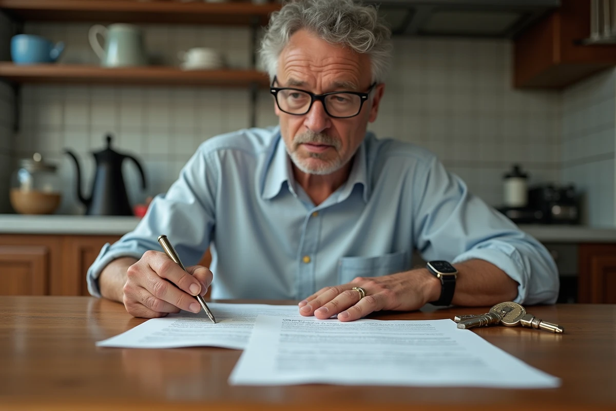 Locataire relisant son contrat de bail avec des clés posées sur la table