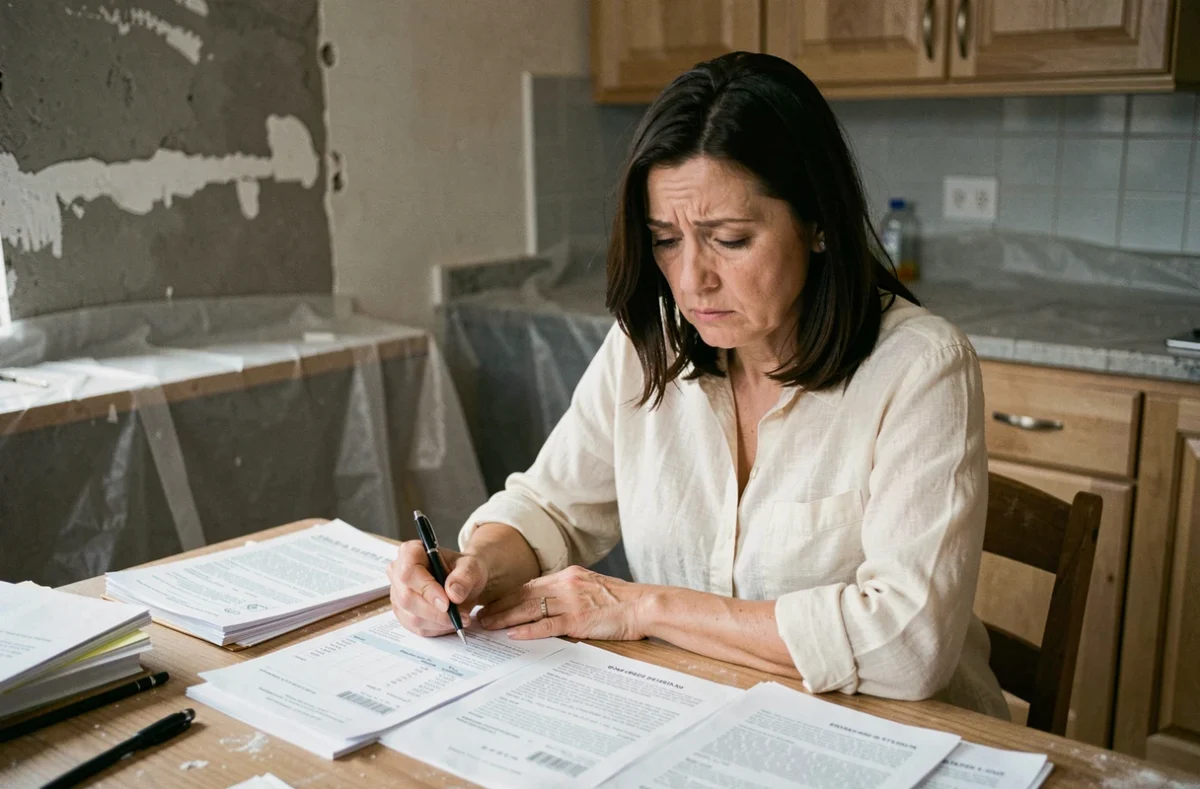 Locataire examinant des documents de loyer à une table dans un appartement en travaux