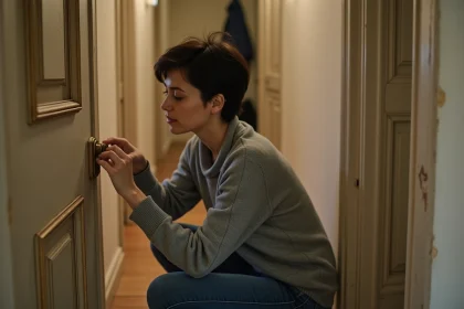 Locataire examinant une serrure de porte d'appartement dans un couloir