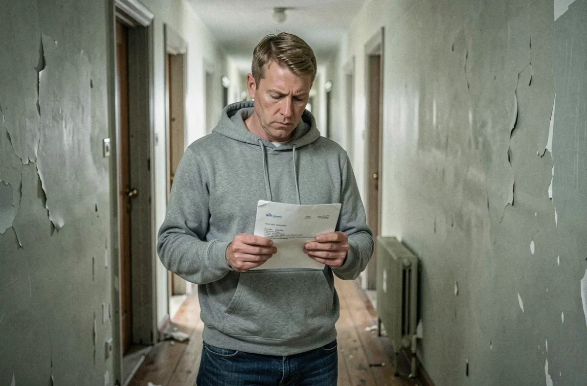 Locataire lisant une lettre recommandée dans le couloir d'un immeuble en rénovation