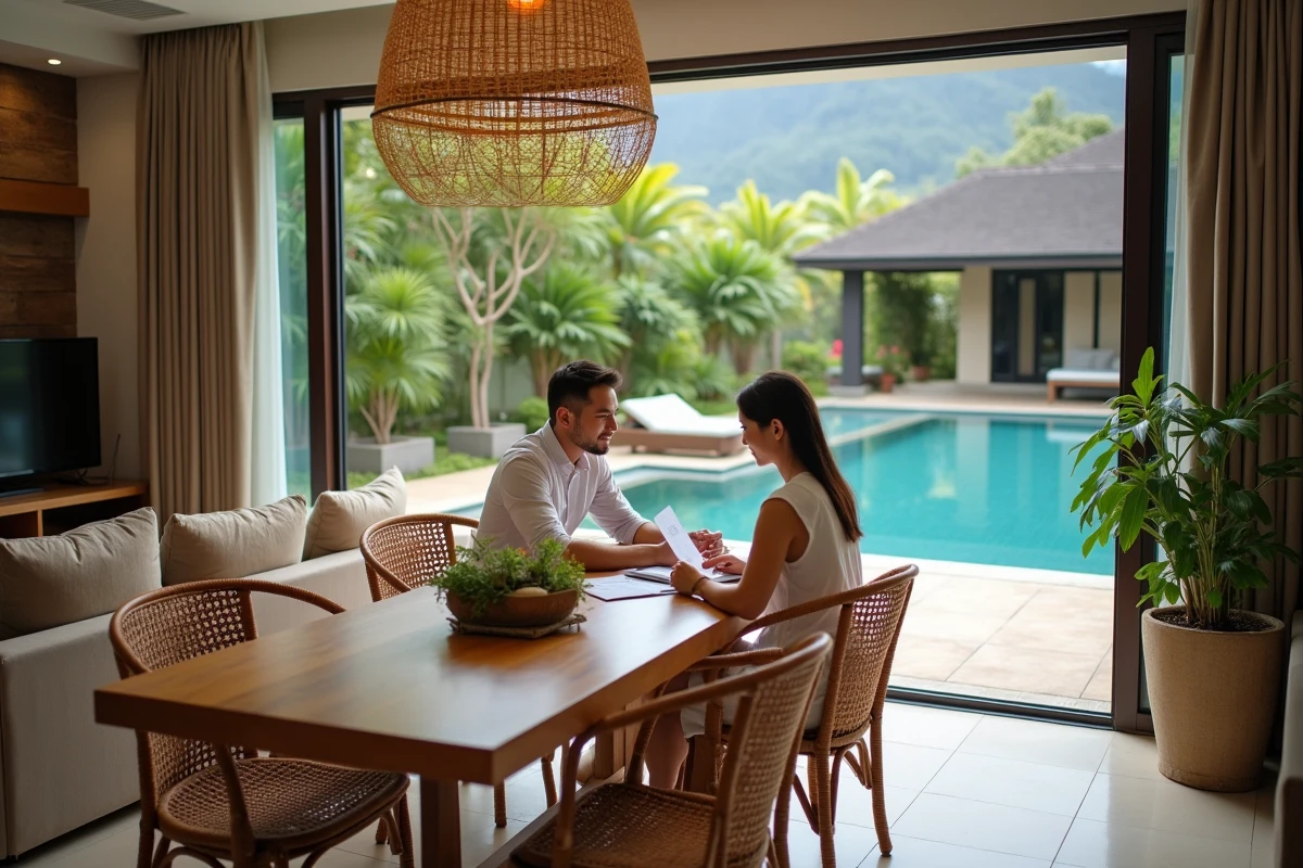 Couple étudiant un contrat de location d'appartement avec piscine en Thaïlande à Chiang Mai