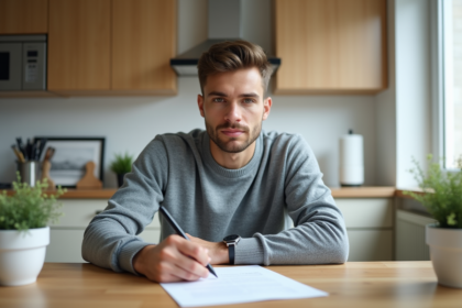 Jeune homme signant un contrat de location dans un appartement lumineux