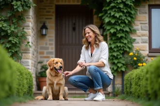 Femme souriante avec son golden retriever devant une maison normande à louer en Seine-Maritime