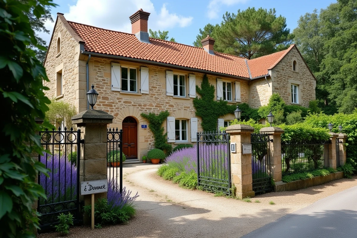 Maison de campagne française en pierre avec panneau de donation devant le portail d'entrée