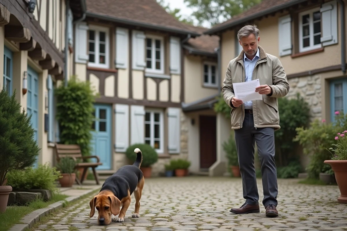 Homme avec son beagle devant une maison à colombages à louer dans un village de Seine-Maritime