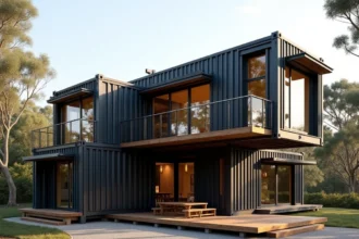 Maison container haut de gamme avec bardage sombre et grandes baies vitrées sur terrain paysagé