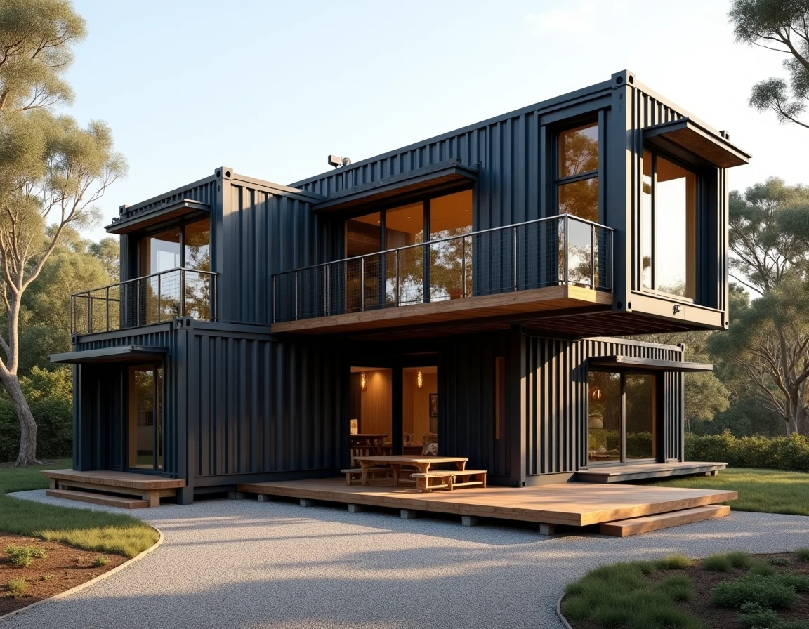 Maison container haut de gamme avec bardage sombre et grandes baies vitrées sur terrain paysagé
