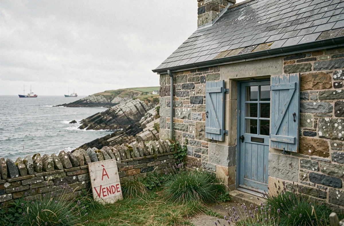 Petite maison de pêcheur en pierre avec panneau à vendre sur le littoral breton