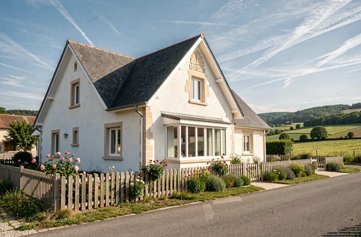 Maison lumineuse construite par Maisons Clair Logis en Aveyron avec façade blanche et jardin fleuri