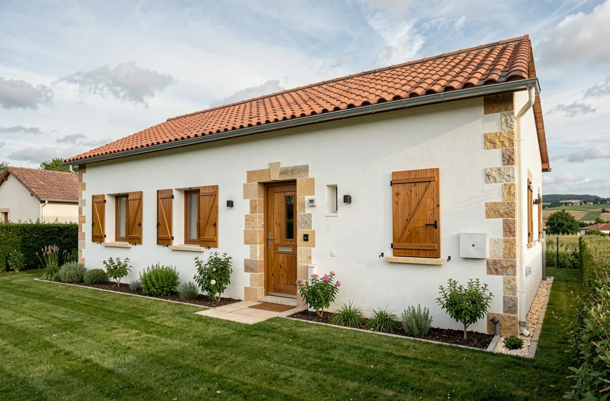 Maison individuelle construite par Maisons Halley en Aveyron avec façade en enduit blanc et accents en pierre naturelle