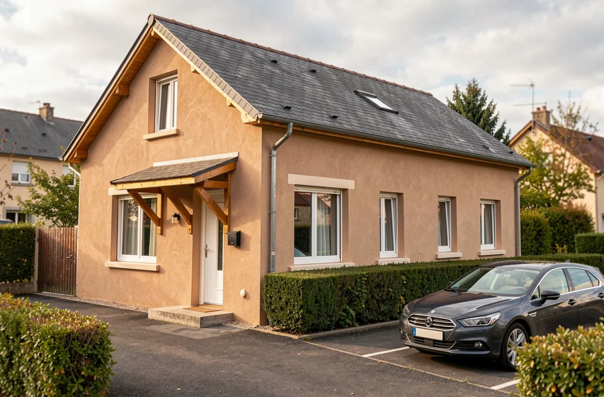 Maison individuelle en Aveyron construite par Maisons SIC avec toit en ardoise et façade sable
