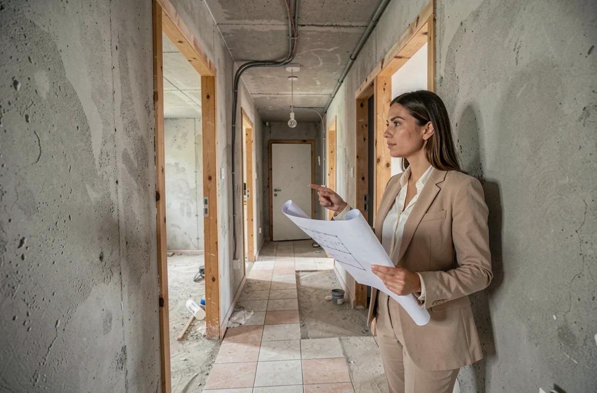 Marchande de biens tenant un plan de division de lots dans un immeuble en rénovation