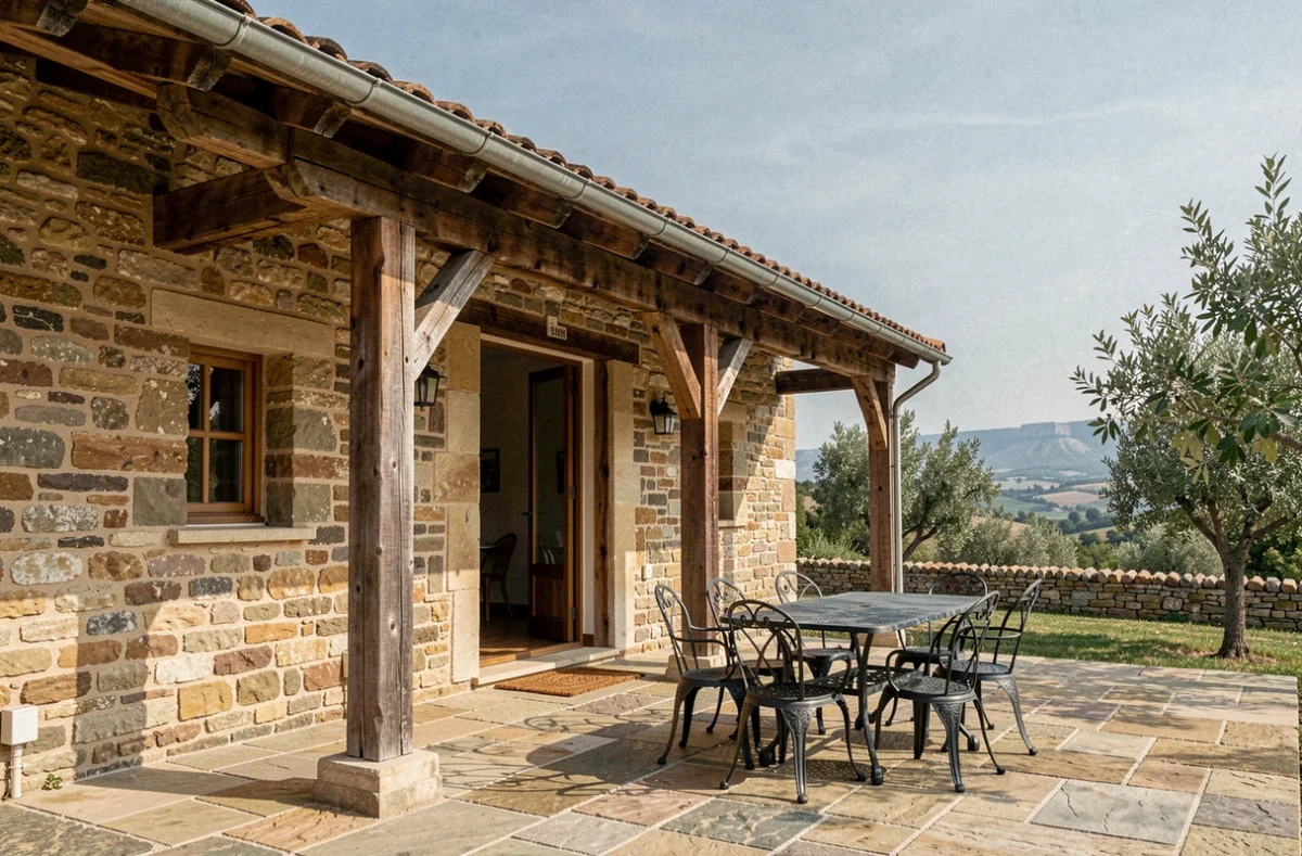 Mas de style sudiste construit par Mas Occitan en Aveyron avec murs en pierre apparente et terrasse en pierre