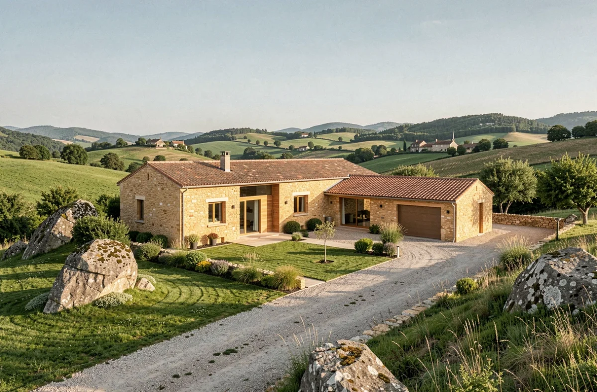 Vue grand angle d'une maison individuelle neuve typique de l'Aveyron avec ses collines verdoyantes et ses pierres calcaires en arrière-plan