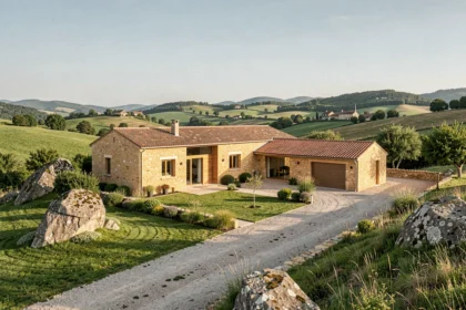 Vue grand angle d'une maison individuelle neuve typique de l'Aveyron avec ses collines verdoyantes et ses pierres calcaires en arrière-plan