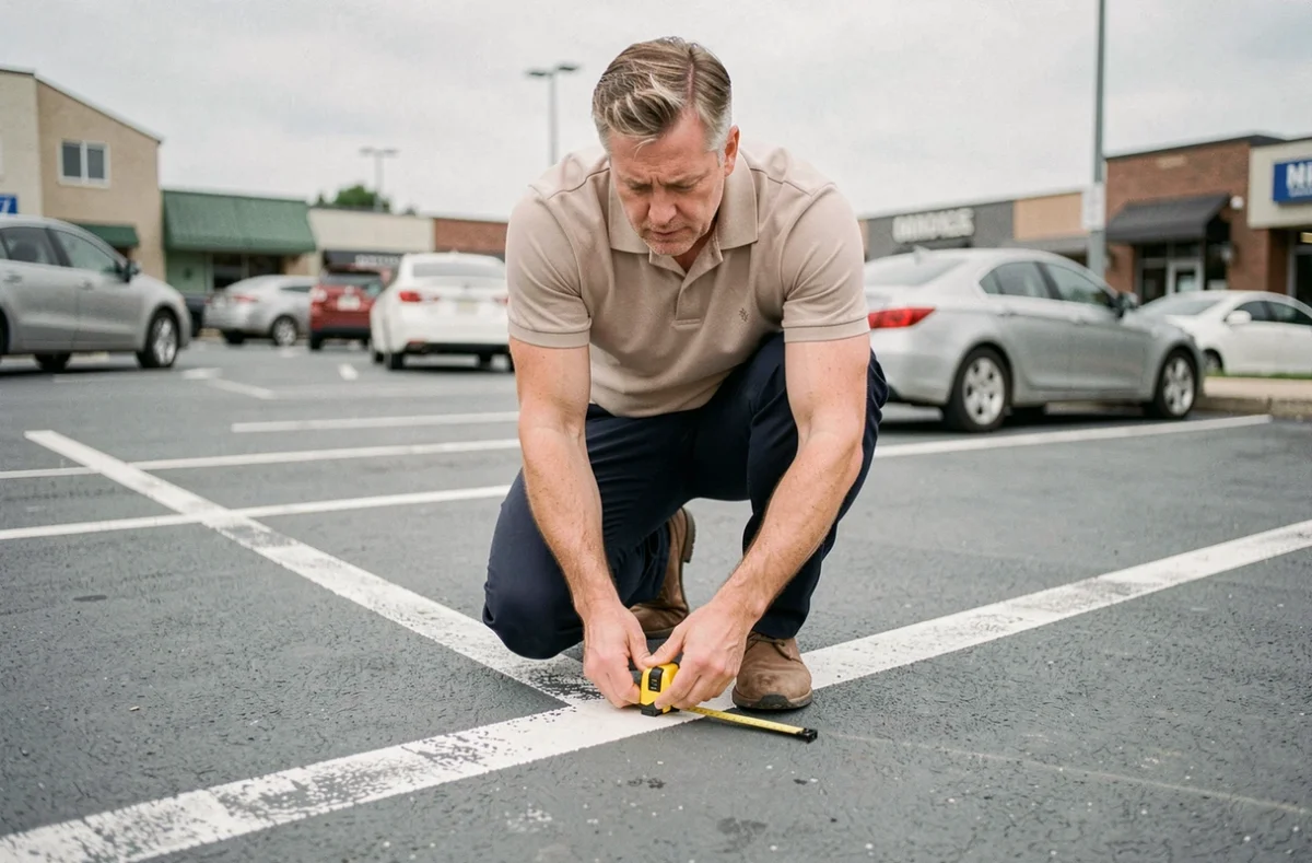 Urbaniste mesurant les dimensions d'une place de parking avec un mètre ruban sur un parking extérieur en milieu urbain