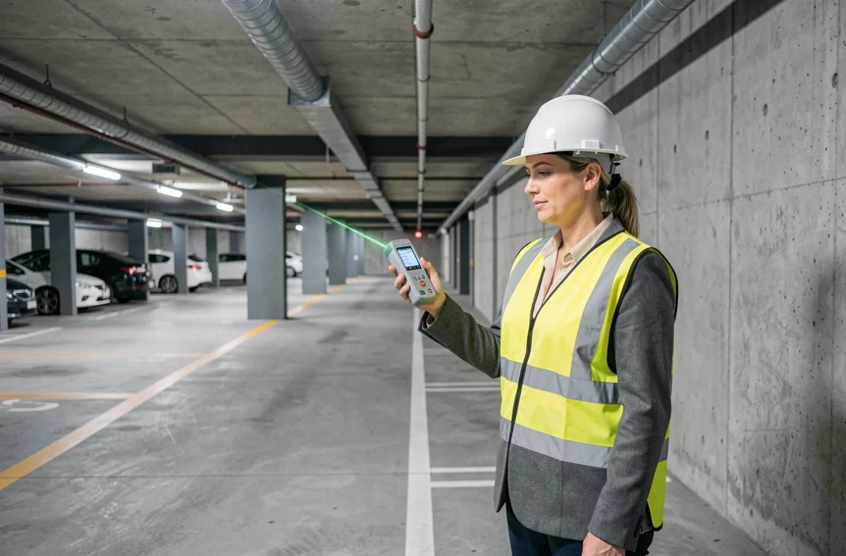 Technicienne mesurant une place de parking souterrain avec un télémètre laser dans un parking couvert
