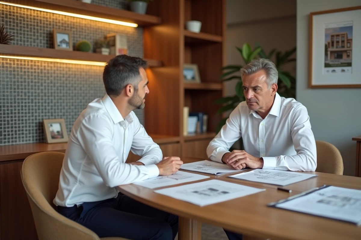 Acheteur étranger en réunion avec un agent immobilier marocain dans un bureau à Guéliz, Marrakech, pour l'achat d'une propriété