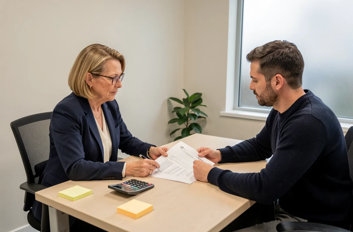 Propriétaire et locataire négociant une réduction de loyer autour d'un contrat de bail