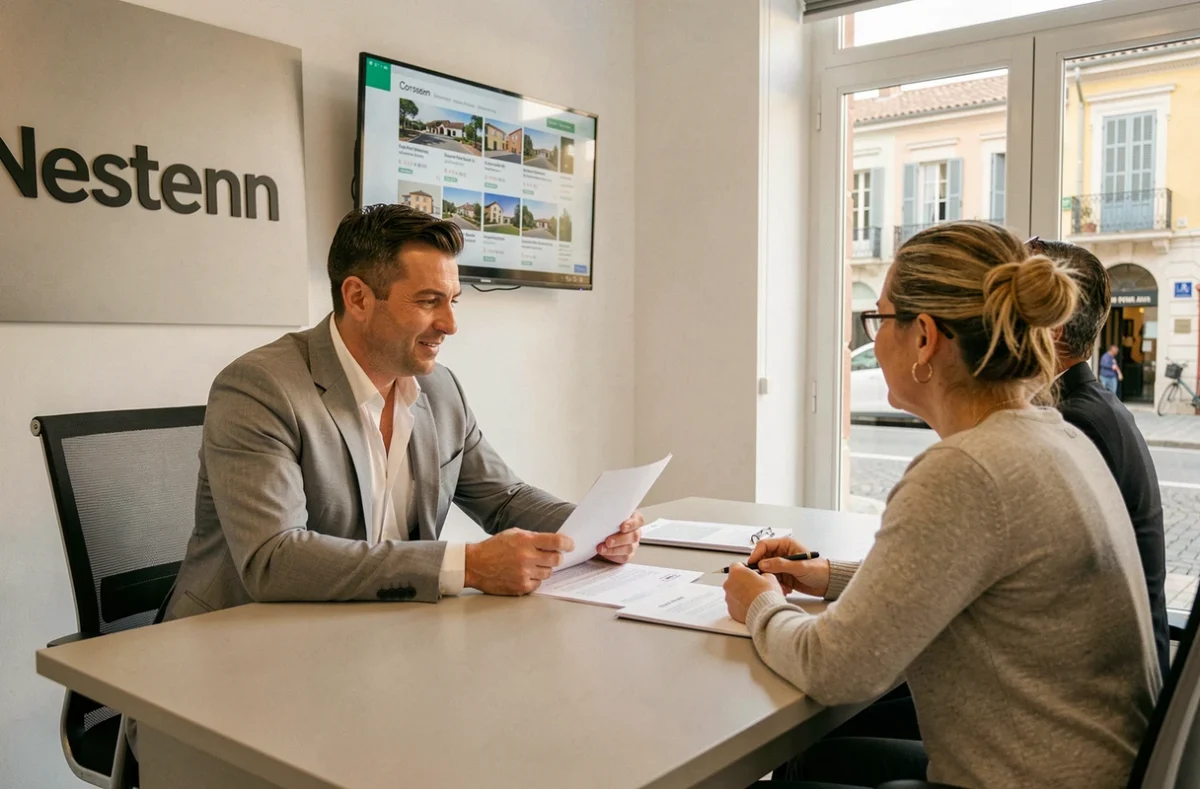 Conseiller immobilier de l'agence Nestenn Bastia en réunion avec des clients pour un projet d'achat immobilier