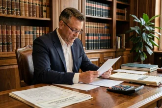 Notaire examinant des documents de frais et actes de propriété dans son étude traditionnelle