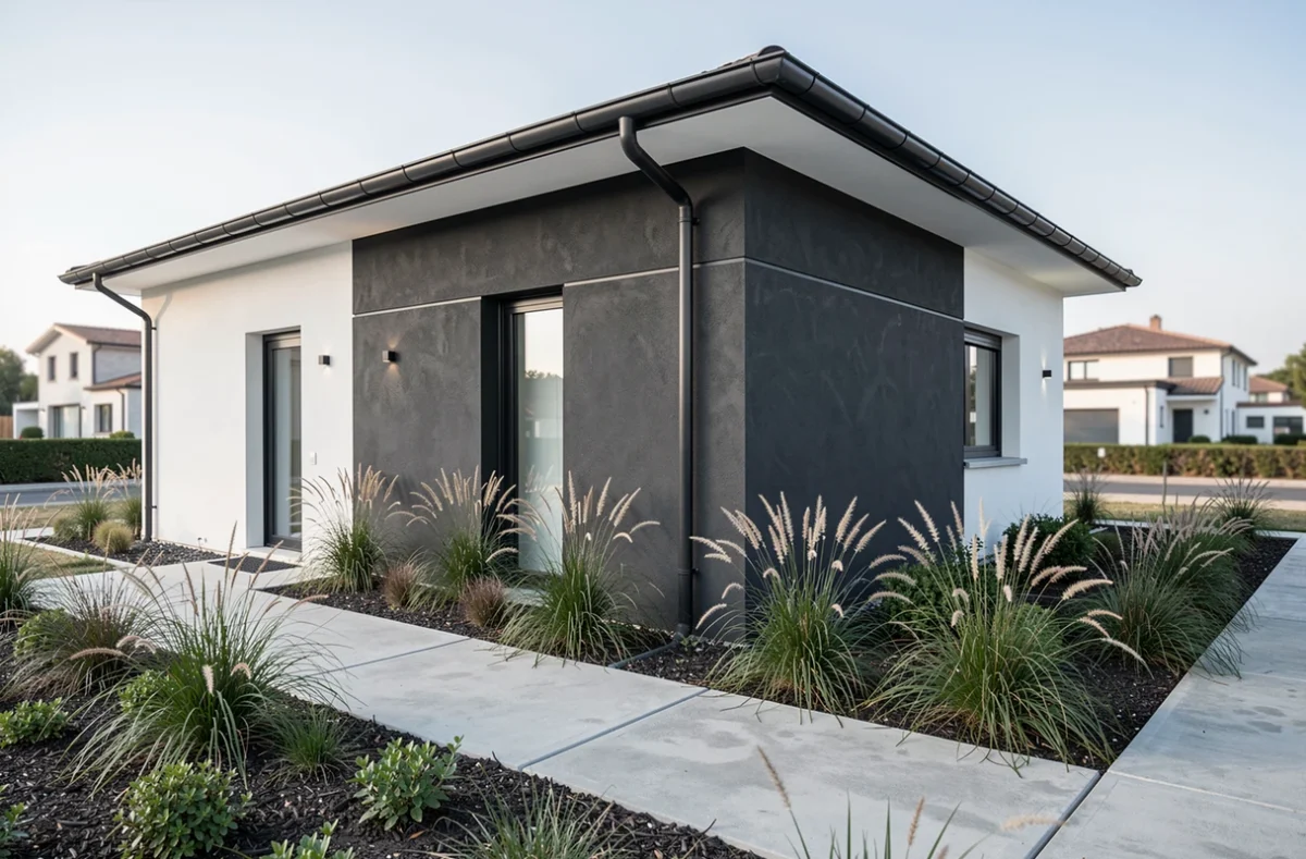 Résidence contemporaine construite par OC Résidences en Aveyron avec façade bimatière et jardin paysager