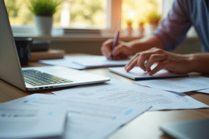 Personne organisant des documents de déménagement sur un bureau lumineux