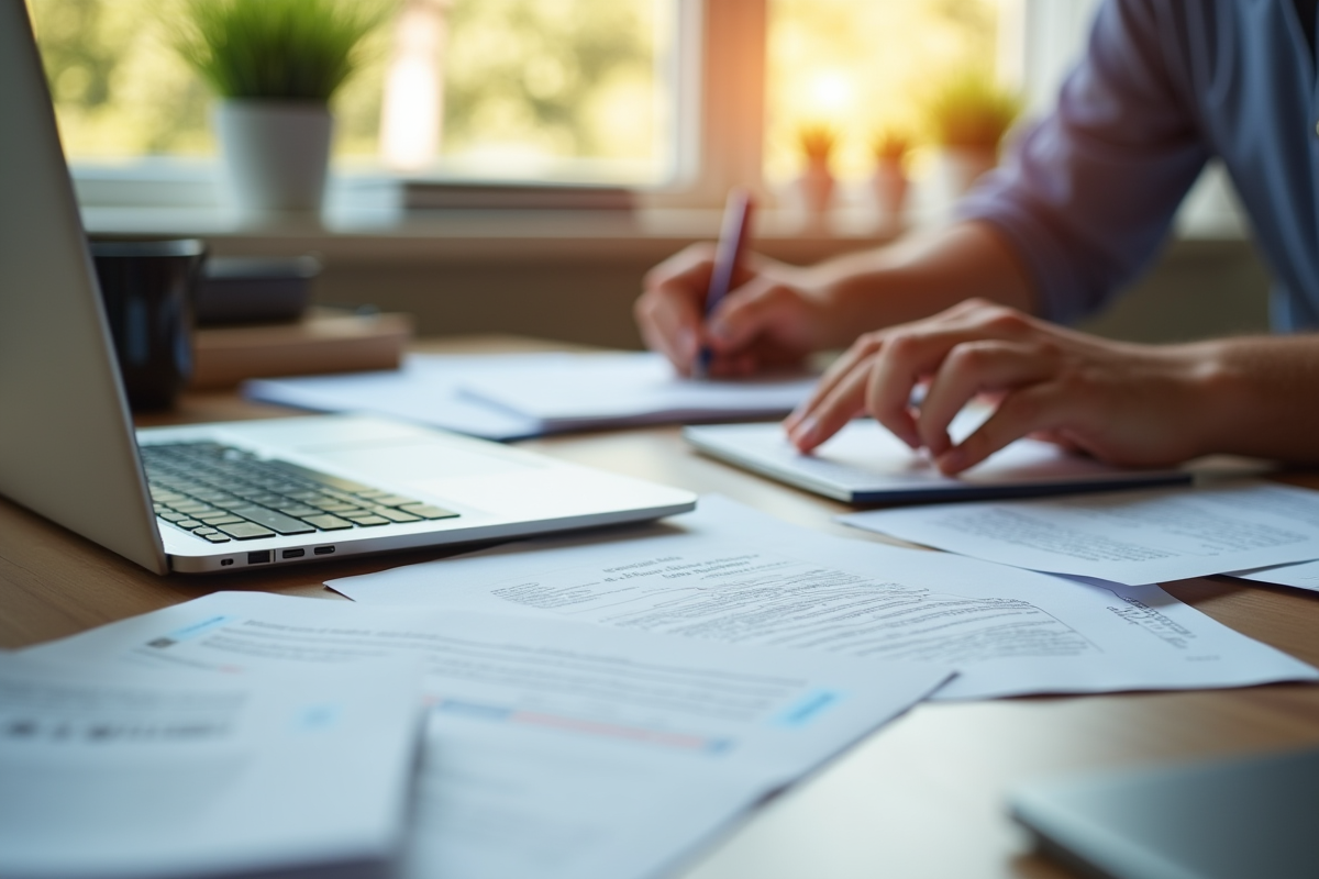 Personne organisant des documents de déménagement sur un bureau lumineux