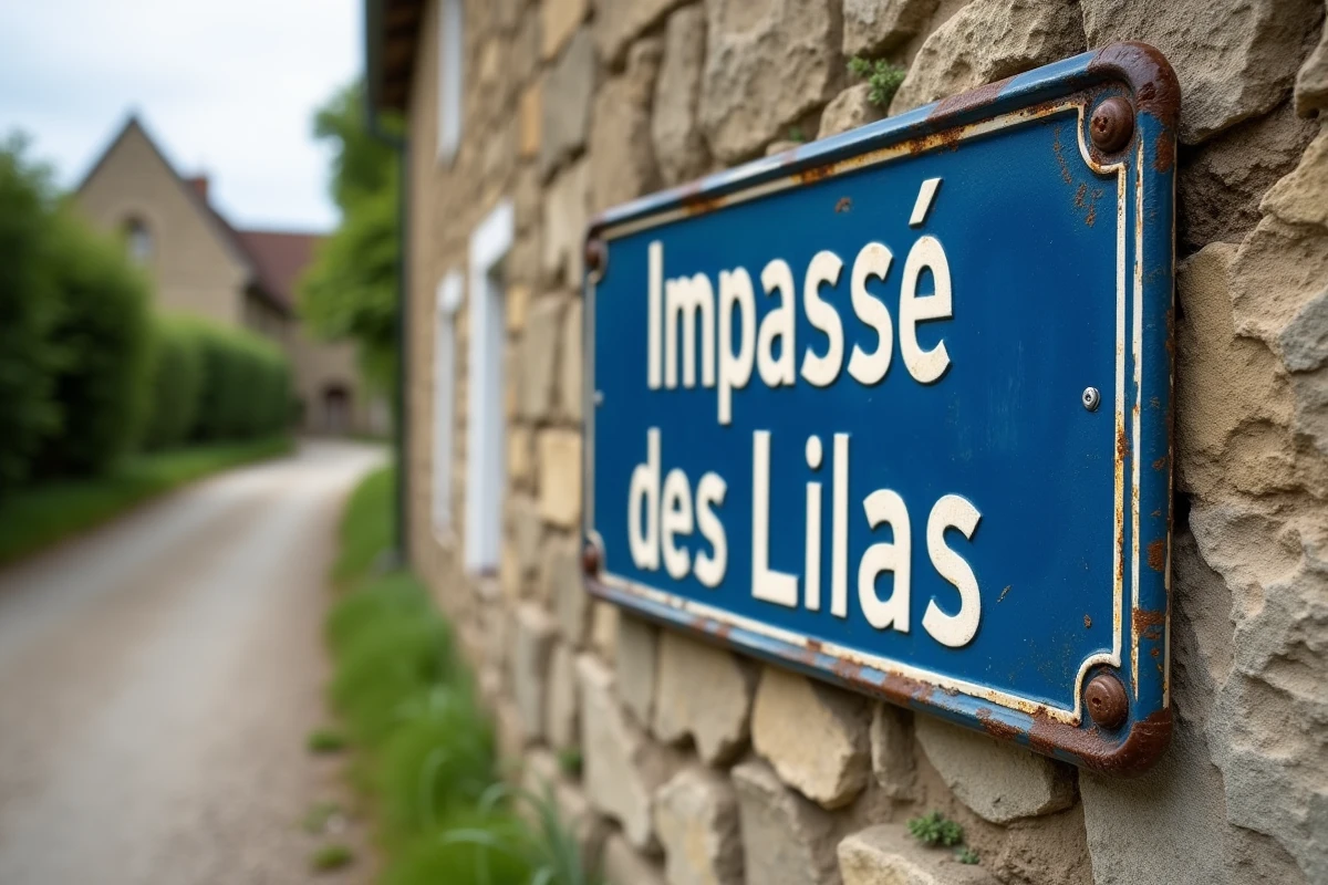 Panneau de rue émaillé de l'Impasse des Lilas fixé sur un mur en pierre de village à Aix-Villemaur-Pâlis, Aube