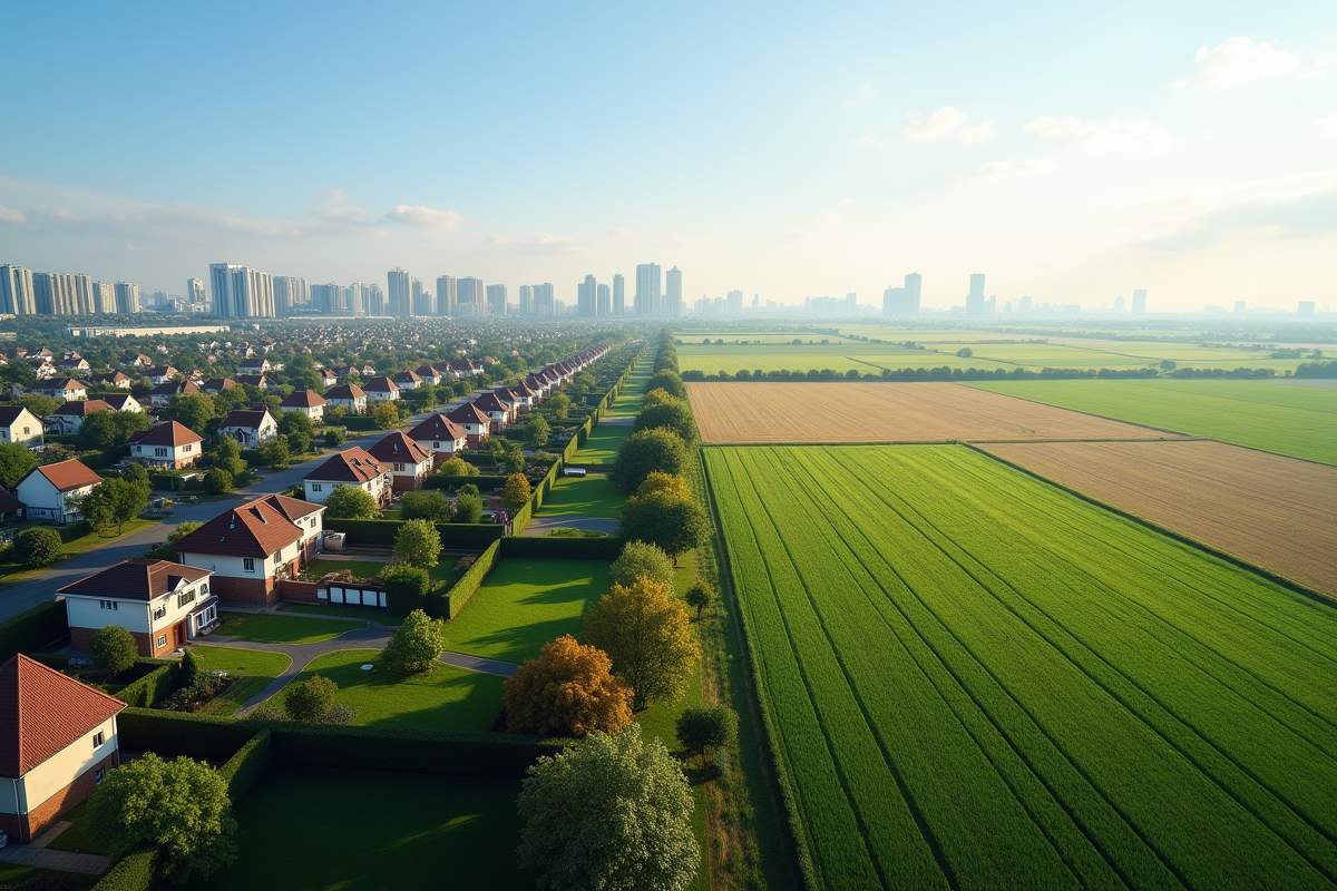 Paysage suburbain en transition vers la campagne avec immeubles