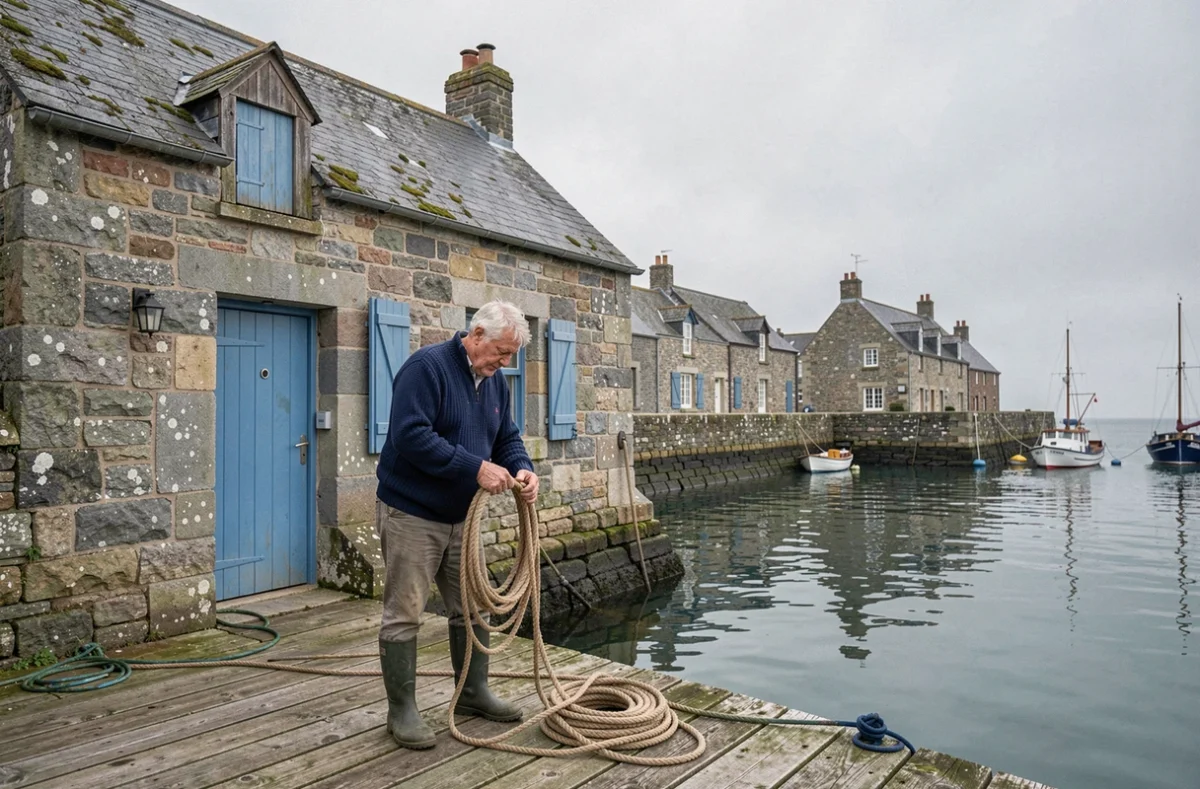 Pêcheur breton devant une petite maison en pierre à vendre au bord de la mer en Bretagne