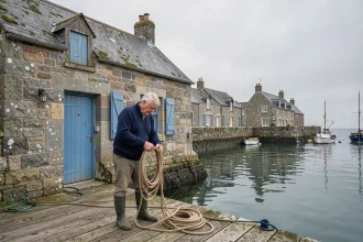 Pêcheur breton devant une petite maison en pierre à vendre au bord de la mer en Bretagne